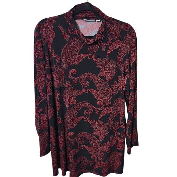 Susan Graver QVC 1X Black mock Neck Blouse Red pattern long sleeve Stretch - Picture 3 of 8